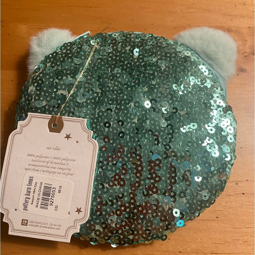 New, Pottery Barn Teen Cozy Luxe Sequin Animal Pouch - Cat Mint ✨